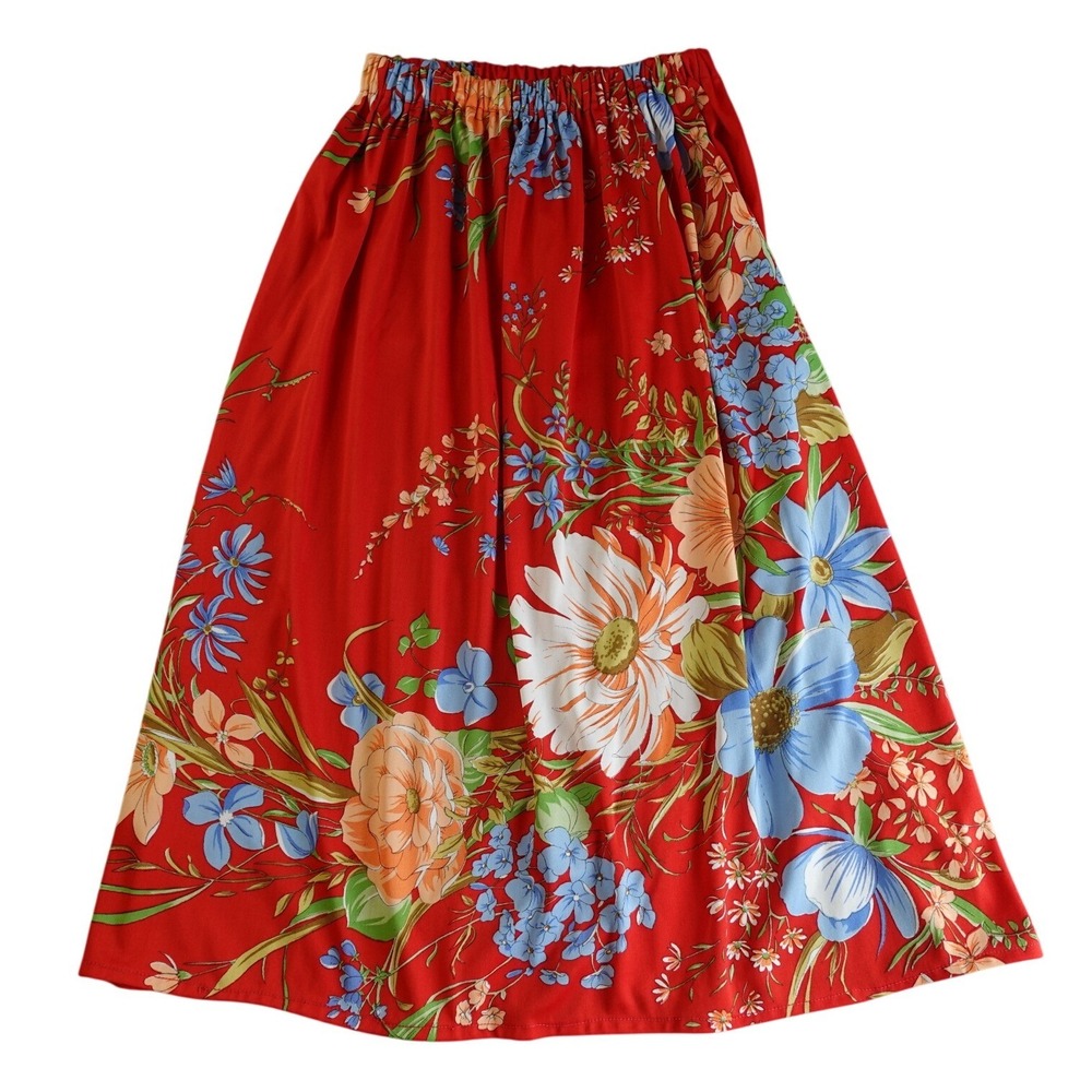 Vtg Handmade Skirt Womens Med Red Floral Midi Stretchy Side Slit Boho Hippie 70s